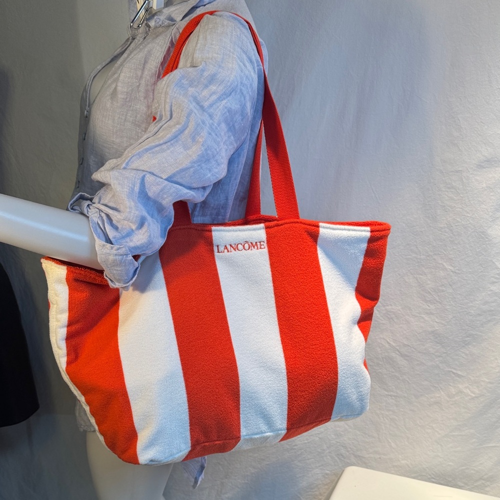 Lancome Red and White Striped Canvas Tote